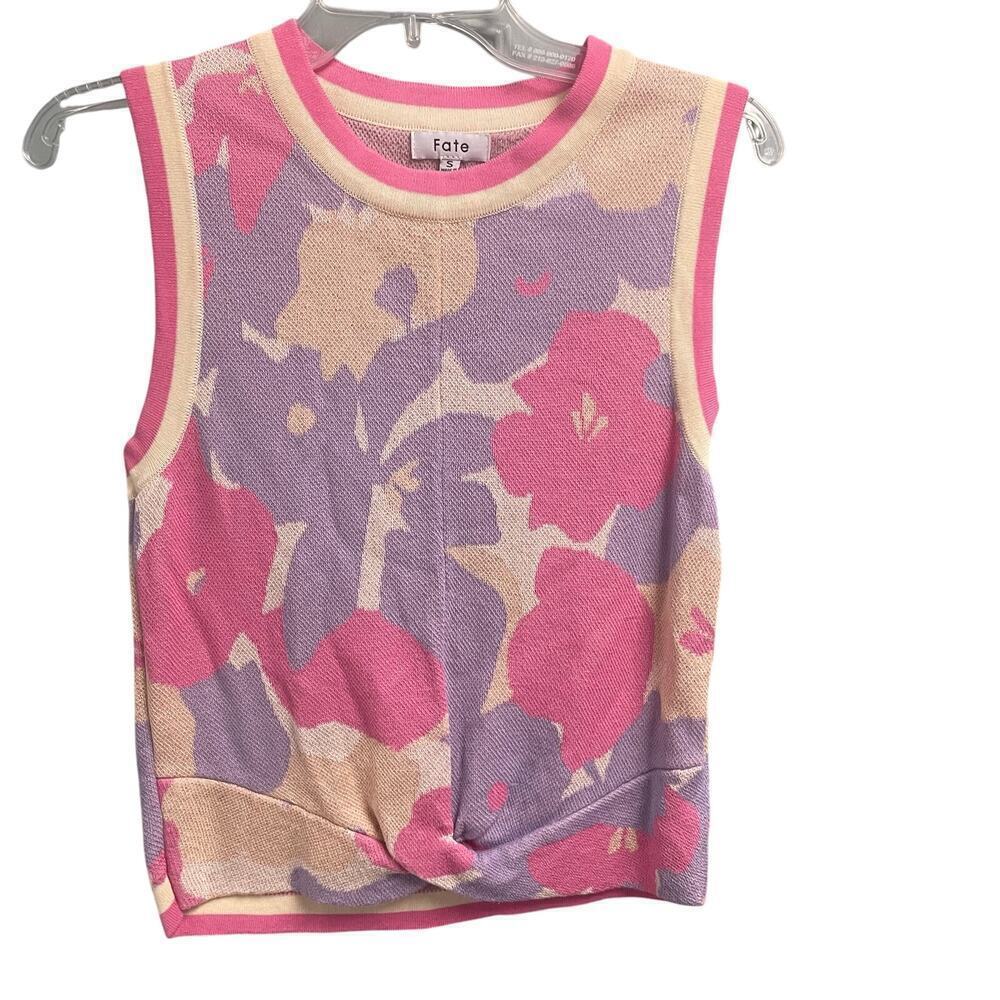 Fate Size Small Pink Purple Floral Knit Top Sleeveless Tank Blouse Twist Front